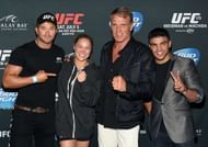 LAS VEGAS, NV - JULY 05:  (L-R) Cast members from the upcoming movie 'The Expendables 3,' actor Kellan Lutz, UFC bantamweight champion and actress Ronda Rousey, actor Dolph Lundgren and boxer Victor Ortiz, attend the UFC 175 event at the Mandalay Bay Events Center on July 5, 2014 in Las Vegas, Nevada. Rousey defeated Alexis Davis by knockout 16 seconds into the evening's co-main event.  (Photo by Ethan Miller/Getty Images)